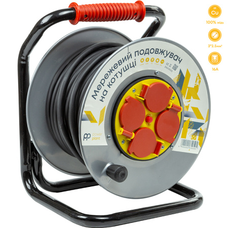 Фото Подовжувач на котушці PowerPlant 25 м, 3x2.5мм2, 16A, 4 розетки, 100% мідь (JY-20022/25)