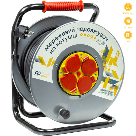 Фото Подовжувач на котушці PowerPlant 50 м, 3x2.5мм2, 16A, 4 розетки, 100% мідь (JY-20022/50)