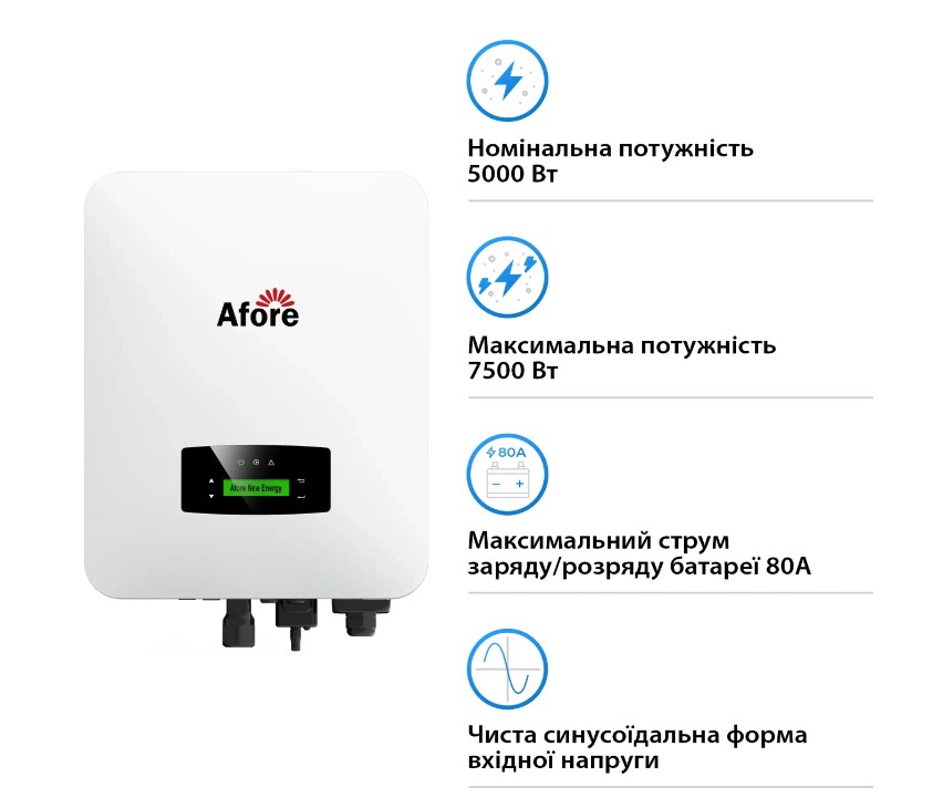 Фото Гібридний інвертор Afore AF5K-SL 5KW 48V 2 MPPT Wi-Fi 220V Однофазний (AF5K-SL)