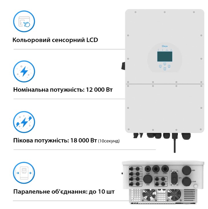 Фото Система зберігання енергії DEYE SUN-12K-SG01HP3-EU-AM2-HV51100-4-20.48kW-LFP 12kW 20.48kWh 1BAT LiFe