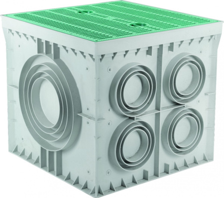 Фото Колодязь кабельний 550x550x550, 10 виходів під трубу, із зеленою кришкою