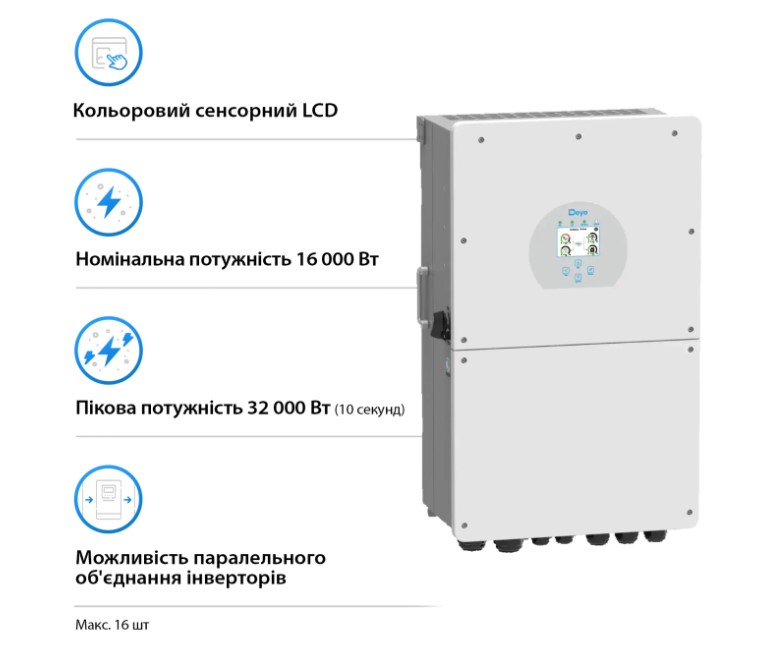 Фото Гібридний інвертор DEYE 16KW 48V 3 MPPT Wi-Fi 220V 1 фаза