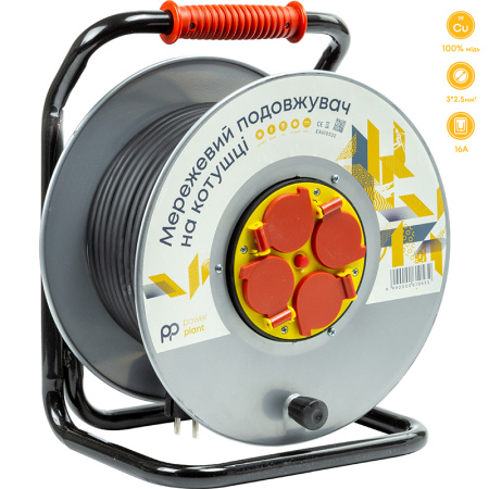 Фото Подовжувач на котушці PowerPlant 40 м, 3x2.5мм2, 16A, 4 розетки, 100% мідь (JY-20022/40)