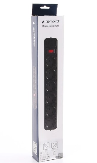 Фото Сетевой фильтр Gembird SPG6-G-10B, 3 м кабель, 6 розеток, черного цвета